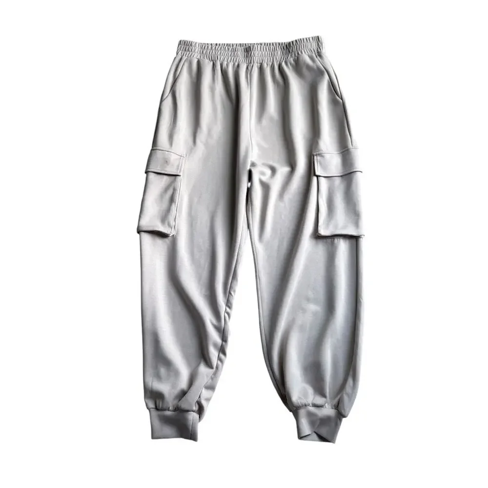 White Birch Cream Elastic Waist cargo jogger Pants